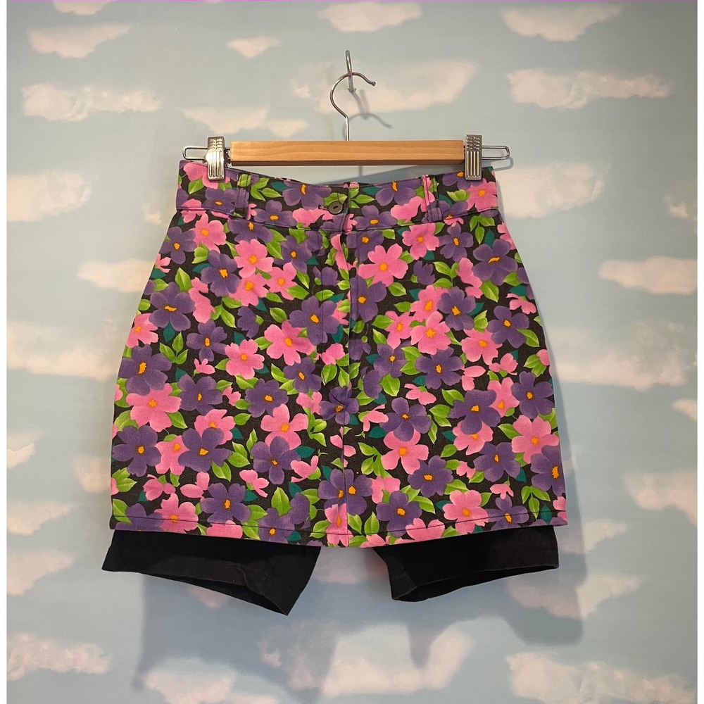 Vintage 90s Floral Pink & Purple Skort Skirt with Bike Shorts! XS 0 2 25 26